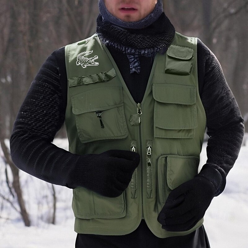 Men's Graphic Crocodile Vest Waistcoat Gilet Tactical Practical Removable Casual Sports Outdoor Fishing Photography Side Pockets Quick Dry Mesh Fall Winter Collarless Sleeveless Army Green