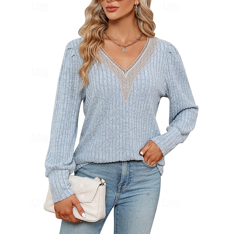 Women's Sweater Pullover Daily Stylish Casual Color Block Ribbed V Neck Knitted Lace Trims Long Sleeve Regular Tops Knit Daily Holiday Going out Wine Red Black Fall Winter