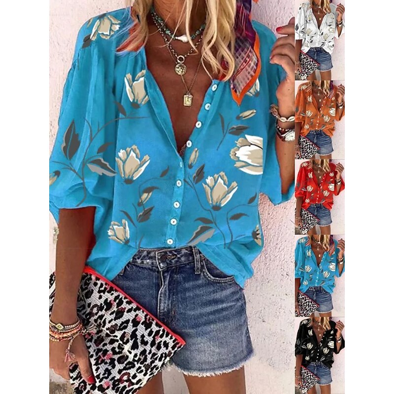 Women's Blouse Floral Graphic Bohemia Daily Casual Sleeveless 3/4 Length Sleeve High Neck Regular Tops Buttons Print Black White Red Blue Orange Summer Spring