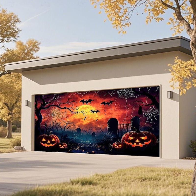 Halloween Tapestry Garage Door Cover Large Hanging Backdrop Pumpkin Cemetery Dark Punk Gothic Style Party Outdoor Shooting Backgrounds Front Door Home Decor2