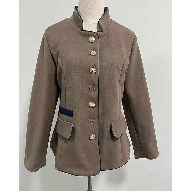 Women's Trench Coat Warm Comfortable Pocket Buttons Fashion Outdoor Plain Going out Weekend Single Breasted Regular Stand Collar Regular Fit Long Sleeve Outerwear Coffee Gray Fall Winter2