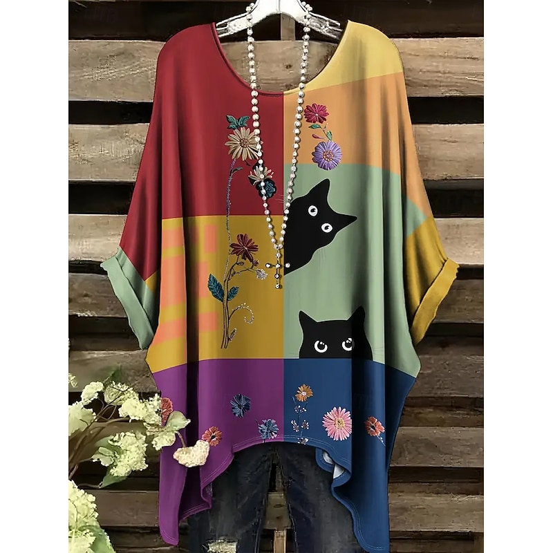 Women's Blouse Graphic Animal Cat Vintage Daily Casual Half Sleeve Batwing Sleeve Crew Neck Long Tops Daily Holiday Beach Wear Asymmetric Yellow Red Blue Camel Gray Summer Spring3