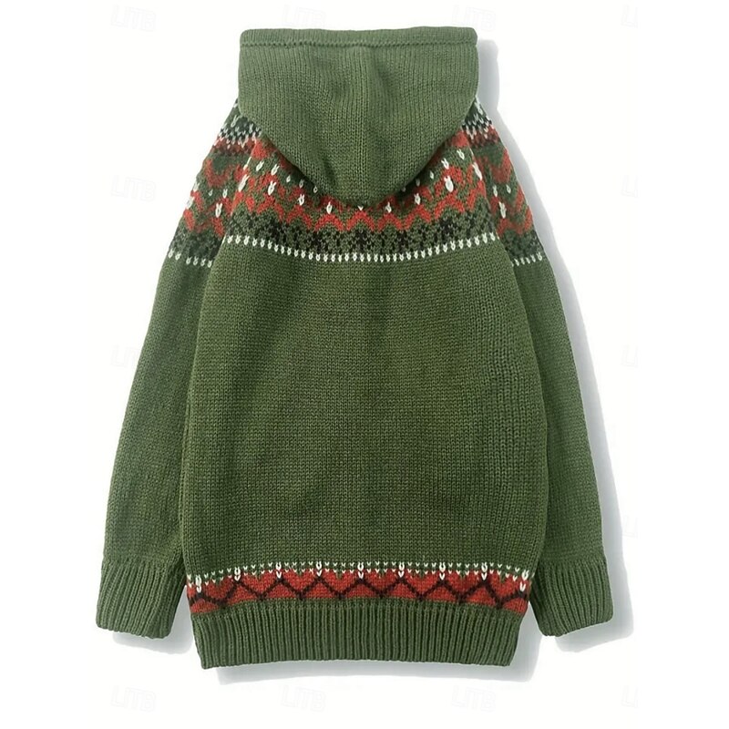 Women's Cardigan Vintage Daily Vintage Style Geometric Ribbed Hooded Knitted Print Front Pocket Long Sleeve Regular Tops Knit Outdoor Daily Green Fall Winter2