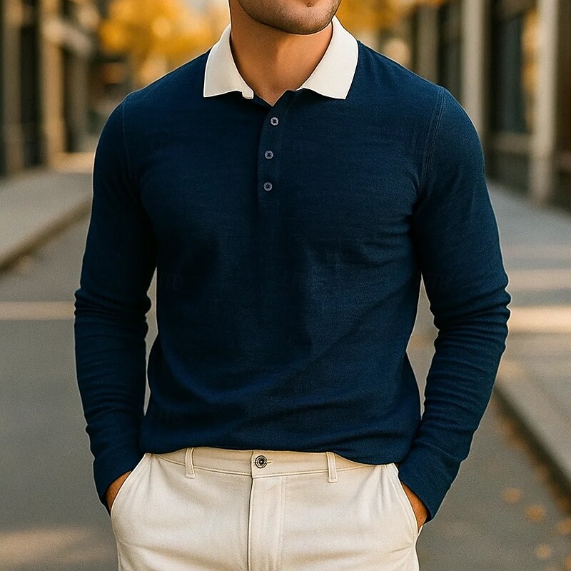 Men's Polo Shirts Golf Polos Shirts Business Casual Lapel Classic Long Sleeve Fashion Basic Solid Color Patchwork Color Block Fall Winter Regular Fit Yellow Burgundy Navy Blue Polo Shirts