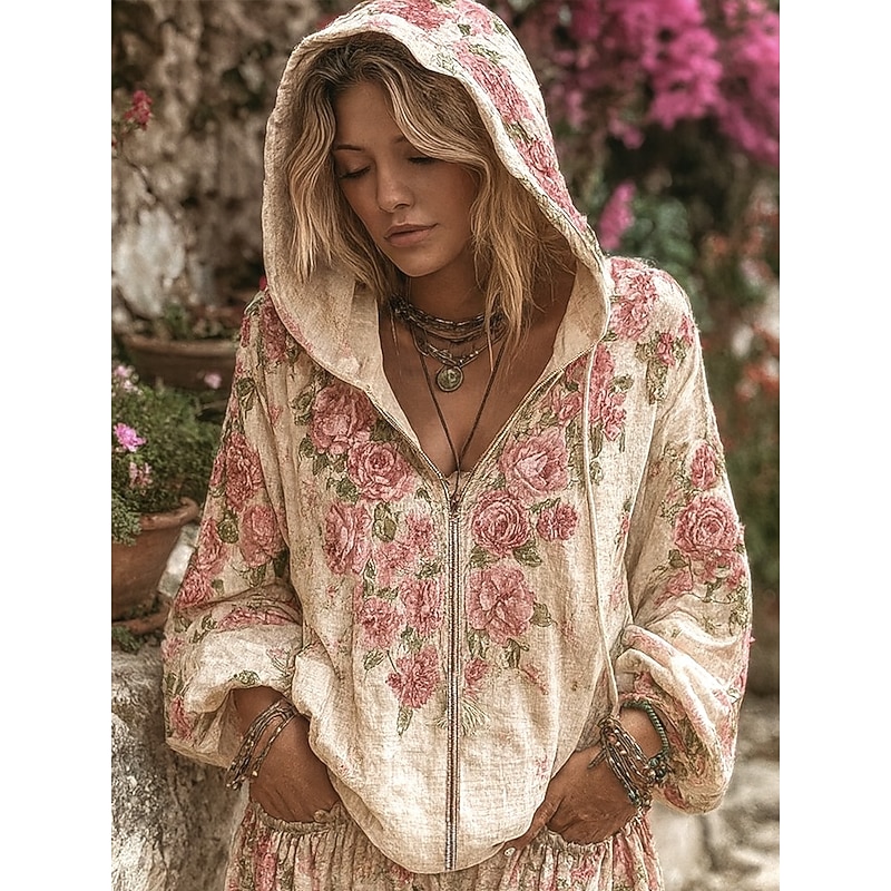 Women's 3D Print Vintage Boho Hoodie Patchwork Hoodie Sweatshirt Floral Zip Up s Floral Punk Active Vintage Long Sleeve Hooded  Home Dailywear Casual Patchwork Pink Dark Pink Purple Beige Fall Winter
