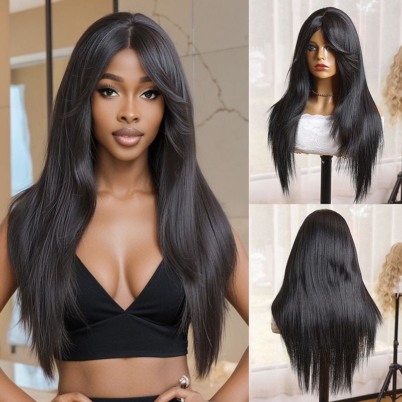 Synthetic Wig Yaki Straight Natural Straight Middle Part Machine Made Wig 24 inch Black Synthetic Hair 24 inch Women's Soft Comfortable Black