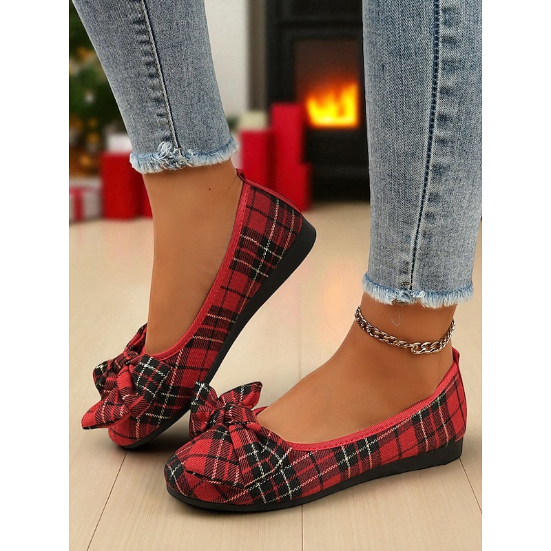 Women's Red Plaid Flats with Big Bow – Casual Christmas Style Ballet Shoes for Parties, Shopping and Everyday Outfits3