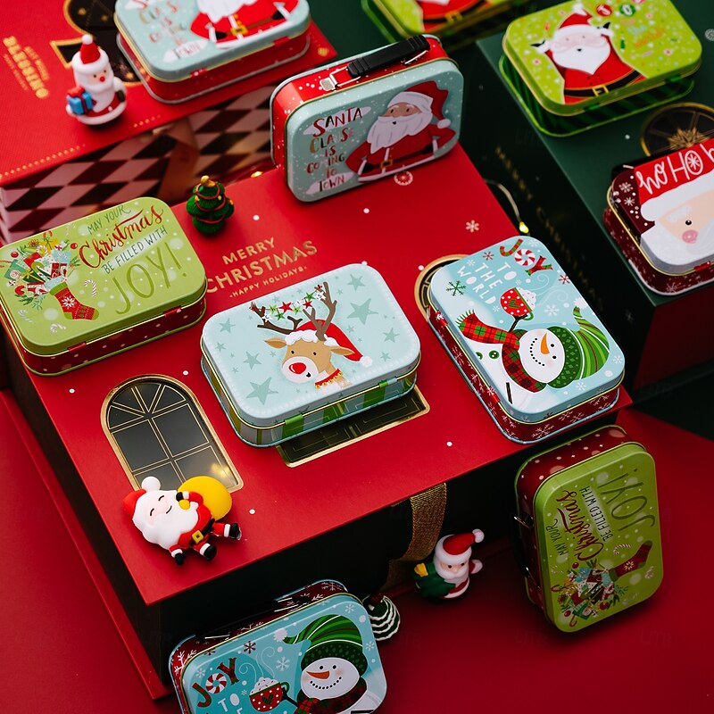 Christmas Cookie Tins with Lids for Gift Giving Xmas Tin Containers Briefcase Style Metal Box Cartoon Santa Snowman Reindeer Design Holiday Storage Festive Decoration Accessory