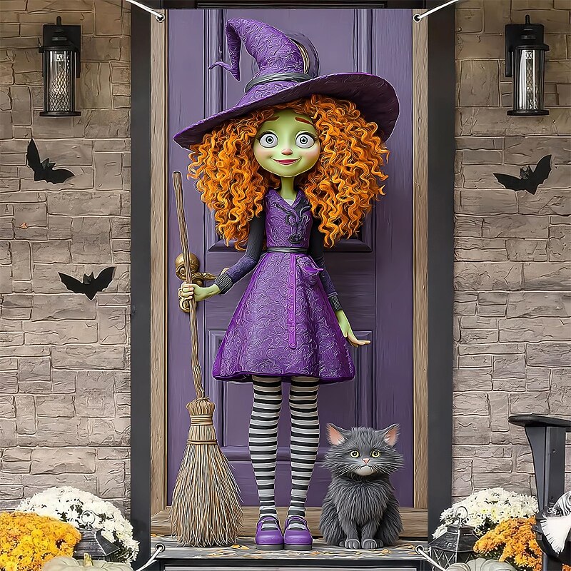 Halloween Door Cover Outdoor Banners Witch Cat 3D Psychedelic Dark Punk Gothic Style Party Outdoor Shooting Backgrounds Front Door Wall Porch Home Decor