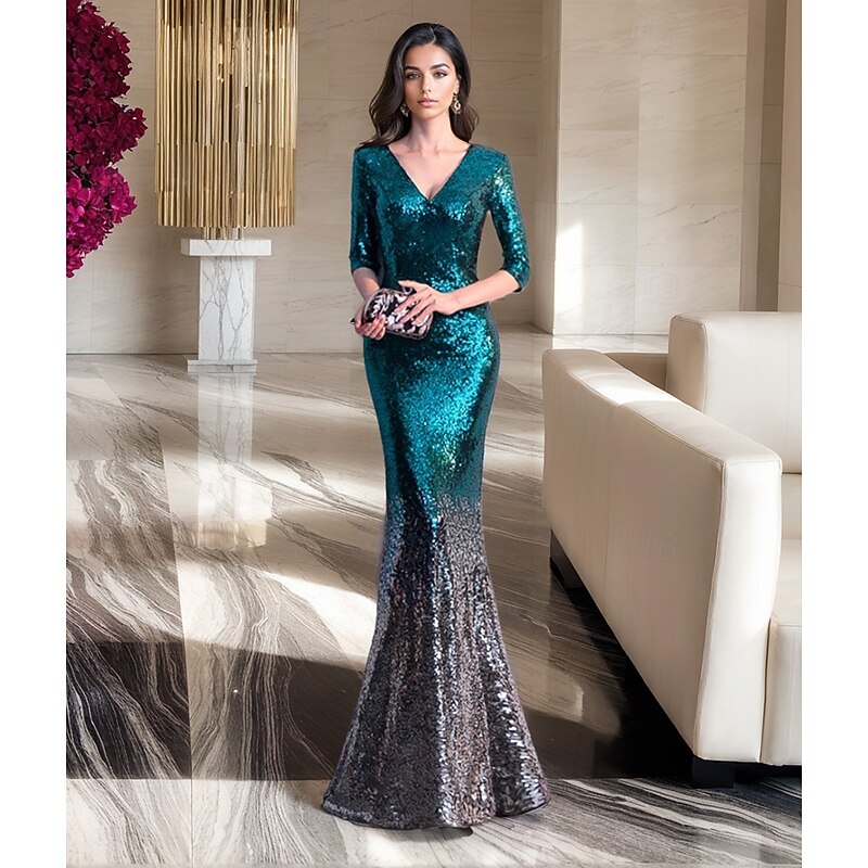 Black and Gold Stretch Ombre Sequin Mermaid / Trumpet Evening Gown Elegant Dress Formal Wedding Floor Length Half Sleeve V Neck 20254