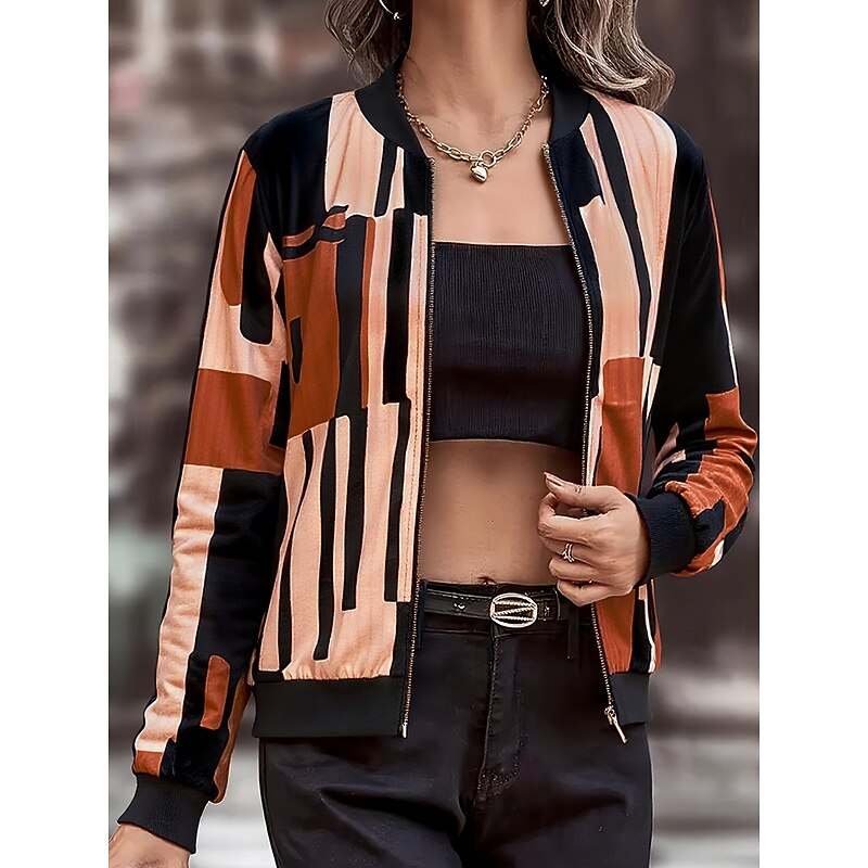 Women's Casual Jacket Warm Quick Dry Zipper Pocket Color Block Fashion Daily Abstract Vacation Casual Daily Regular Baseball Collar Regular Fit Long Sleeve Outerwear Blue Purple Brown Spring Fall3