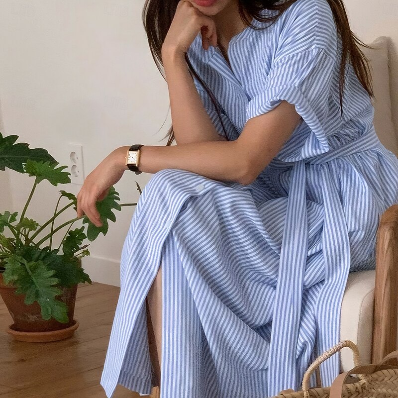 Women's Long Dress Maxi Dress Shirt Dress Fashion Daily Regular Fit Line Short Sleeve Crew Neck Blue Summer2