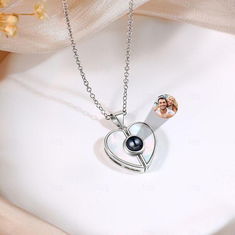 Personalized Shell Heart Projection Necklace with Custom Photo Engraved Keepsake Jewelry Heart Pendant – Fashionable Photo Necklace, Perfect Valentine’s Gift for Girlfriend