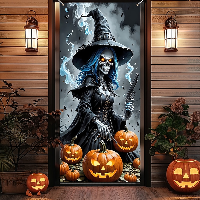 Halloween Door Cover Outdoor Banners Witch 3D Psychedelic Dark Punk Gothic Style Party Outdoor Shooting Backgrounds Front Door Wall Porch Home Decor4