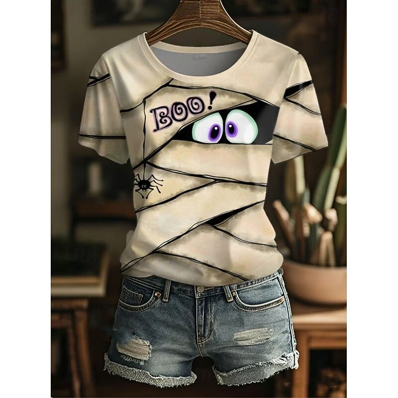 Halloween Women's T shirt Witch Graphic Skull Vintage Stylish Classic Short Sleeve Crew Neck Regular Tops Daily Weekend Print Black Orange Brown Green Khaki Spring, Fall, Winter, Summer4
