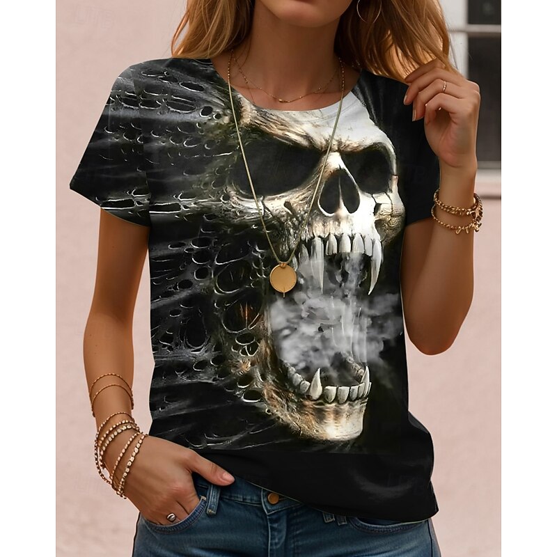 Halloween Women's T Shirt Skulls Graphic Vintage Stylish Classic Short Sleeve Crew Neck Regular Tops Daily Weekend Print Black Red Light Brown Blue Orange Fall Winter3