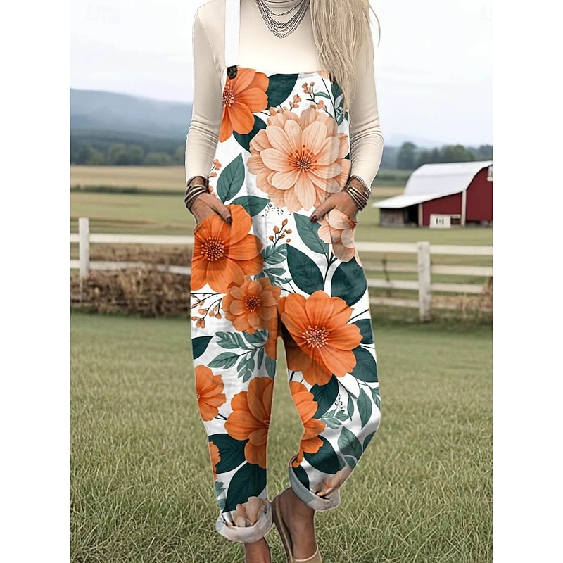 Women's Overall Active Floral Sleeveless Straight Round Neck with Pocket Vacation Daily Loose Fit Pink Blue Orange Summer