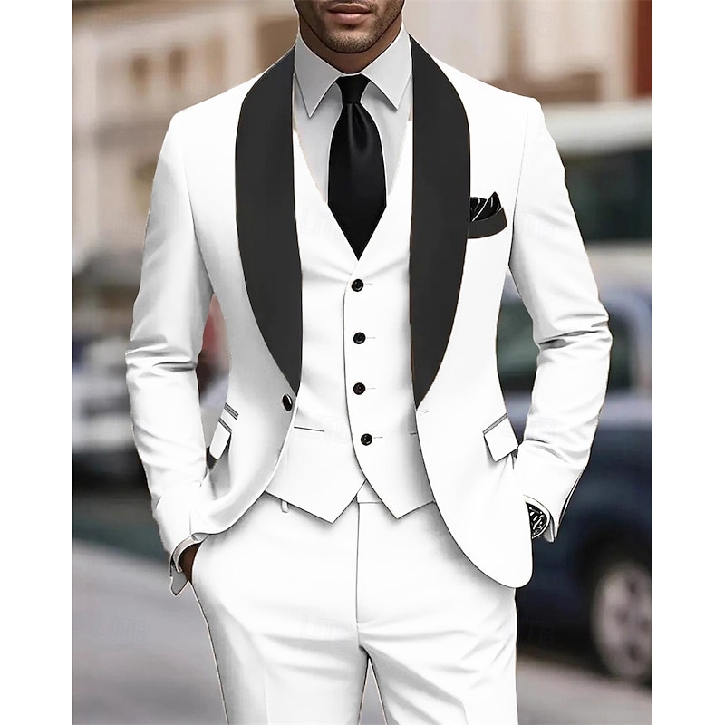 Men's Blazer+Vest+Dress Pants Set Suits Business Cocktail Party Wedding Party 3 Piece Fashion Casual Spring Fall Polyester Color Block Pocket Buttons Comfortable Single Breasted Blazer Black White