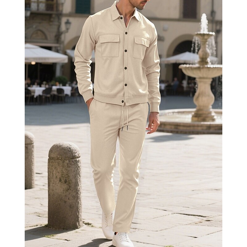 Men's Lightweight Jacket Corduroy Jacket Casual Jacket Set Vacation Daily Breathable Pocket 2 Piece Spring Fall Plain Fashion Classic Lapel Regular Black White Navy Blue Khaki Army Green Jacket3