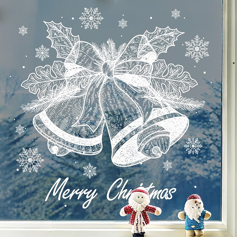 Christmas Window Clings Xmas Wall Sticker Holiday Decorations White Bell Snowflake Reusable Static Clings Non Adhesive Window Stickers Glass Door Room Festive Seasonal Home Decor4