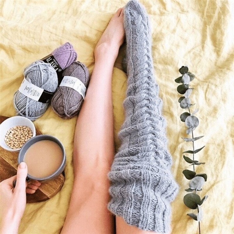 Thigh High Socks For Women Warm Knitted Over-The-Knee Long Tube Socks Cozy Autumn Winter Thick Solid Color Stacked Fashion Legwear Comfortable Daily Wear2