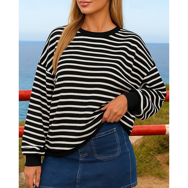 Women's Pullover Sweatshirt Casual Tops Long Sleeve Top Athleisure Fall Stripes Fashion Outdoor Travel Sportswear Activewear Black White Pink - Main Image
