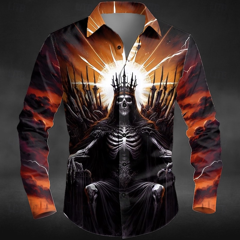 Halloween Men's Skeleton King Death Shirt Button Up Shirt Long Sleeve Dark Punk Gothic Style Outdoor Holiday Summer Spring Turndown 3D Print Collared Shirts Red Purple Orange3