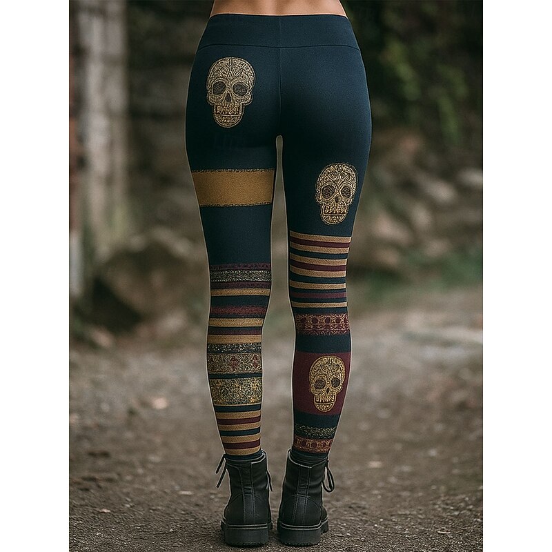 Women's Leggings Vacation Vintage Fashion Ankle-Length High WaistPantsHalloween Graphic Skull Halloween Printing Soft Breathable Stretchy Formal Vacation Street Navy Blue Spring Fall Winter Slim Fit2