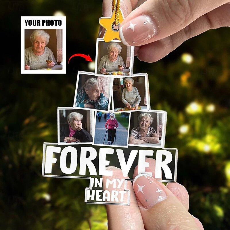 Personalized Christmas Tree Memorial Photo Ornaments Custom Picture Acrylic 2D Forever In my Heart Decor Christmas Tree Xmas Decoration Hanging Pendant Gifts for Family and Friends4