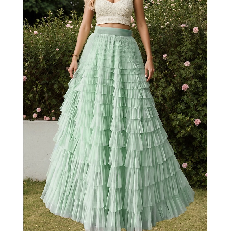 Women's Tutu Gauze Skirts Cute Princess Lolita Maxi High Waist Skirts Solid Colored Pleated Patchwork Layered Micro-elastic Party Holiday Apple Green Deep Purple Camel Apricot Spring, Fall, Winter