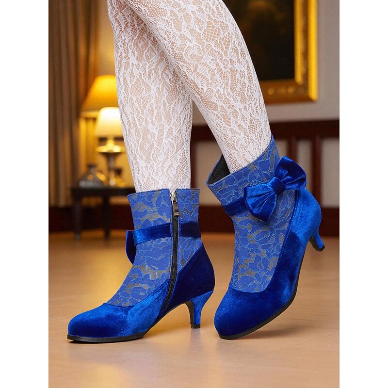 Women's Blue Velvet Ankle Boots with Bow - 1900s Edwardian Vintage Lace Booties for Victorian-Themed Parties,Retro Events,or Elegant Daily Outfits4