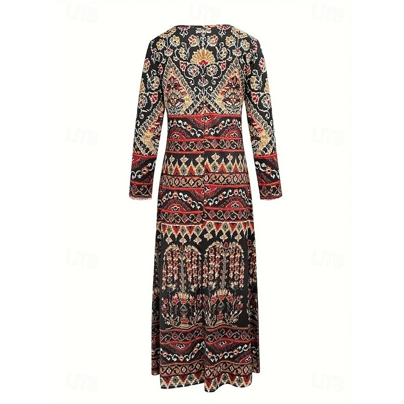 Women's Midi Dress T Shirt Dress Tee Dress A Line Dress Vacation Casual Boho Daily Holiday Date Regular Fit Floral Graphic Geometric Long Sleeve V Neck Dark Brown White Rusty Red Red Fall Winter3
