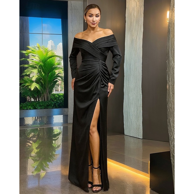 Black Tie Mermaid / Trumpet Evening Gown Elegant Dress Formal Wedding Floor Length Long Sleeve Off Shoulder Stretch Satin with Pleats 2025 - Main Image