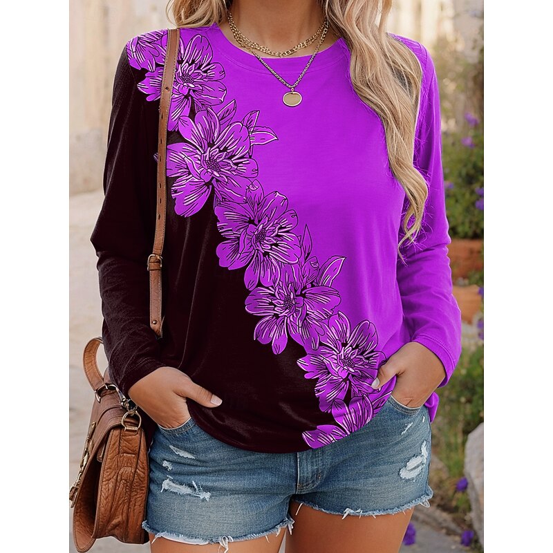 Women's Plus Size Tops T Shirt Floral Geometry Print Long Sleeve Crew Neck Casual Daily Polyester Fall Winter Yellow Red3