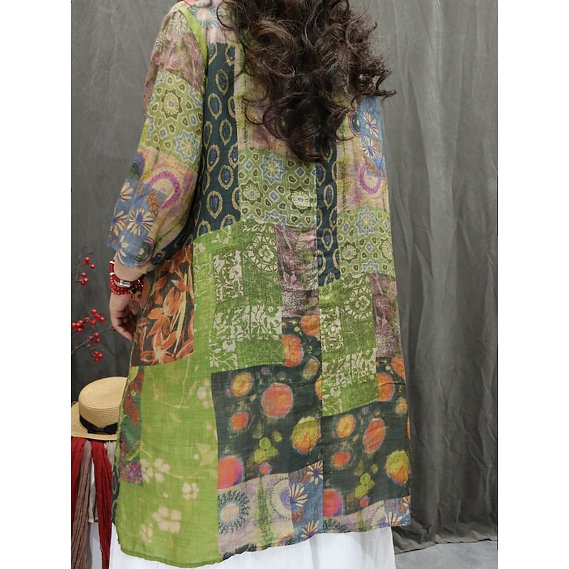 Women's Cotton Linen Shirts Floral Graphic Bohemia Stylish Basic 3/4 Length Sleeve V Neck Regular Tops Daily Print Red Green Summer Spring2