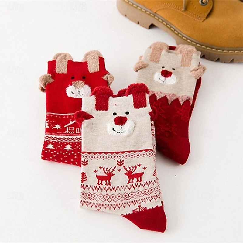 3 Pairs Christmas Cartoon Jacquard Cotton Women's Socks Reindeer Santa Red Mid Calf 3D Design Adult Holiday Gift Box Set Festive Winter Warm Sock Accessory2