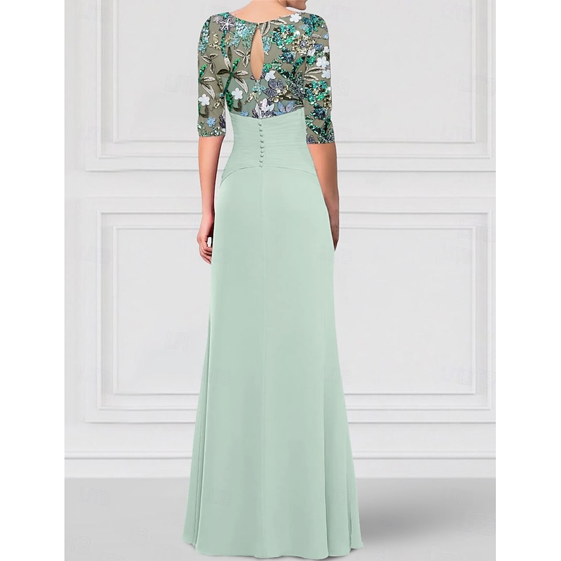 SkyBeaded Gown A-Line Mother of the Bride Dress Sparkle & Shine Boat Neck Floor Length Chiffon Lace Beaded Lace Half Sleeve with Ruffle Details and Covered Buttons3