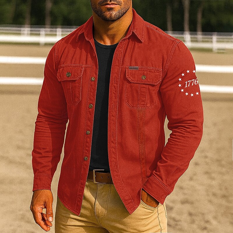 Men's Patriotic 1776 Work Shirt Western Shirt Cargo Shirt Long Sleeve Tactical Vintage Retro Sports Outdoor WorkWear Spring Fall Turndown Front Two Pockets Button Up Shirts Black Red Blue Orange Khaki2