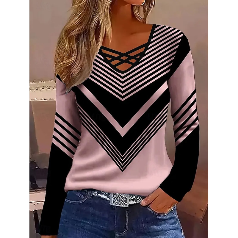 Women's T Shirt Graphic Geometric Vintage Stylish Classic Long Sleeve V Neck Regular Tops Daily Cut Out Print White Pink Blue Purple Green Spring Fall