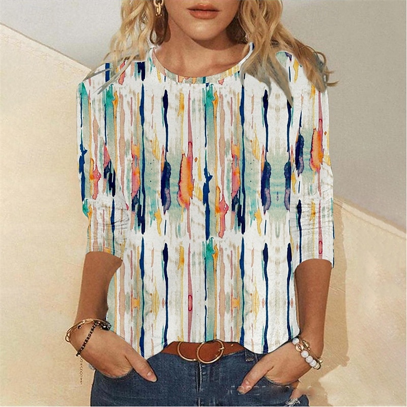 Women's T Shirt Color Block Casual 3/4 Length Sleeve Crew Neck Regular Tops Daily Going out Weekend Beige Summer