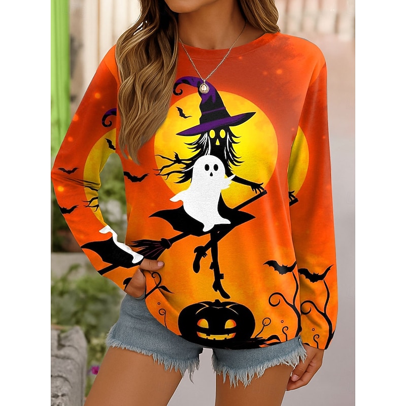 Halloween Women's T shirt Witch Graphic Pumpkin Vintage Fashion Stylish Long Sleeve Crew Neck Round Neck Regular Tops Weekend Print Purple Orange Green Gray Spring Fall