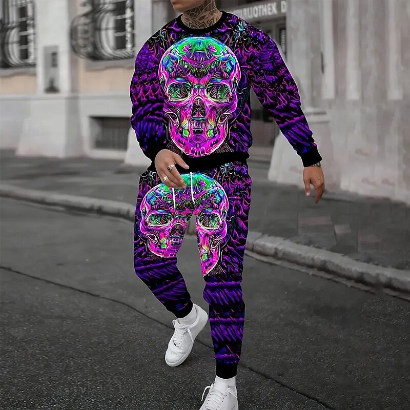 Halloween Men's Skulls 2pcs 3D Sweatshirt Sets Tracksuit Pullover Sweatshirt Long Sleeve Long pants Crew Neck Casual Daily Trendy Street Athleisure 3D Print Spring Fall Winter Purple2