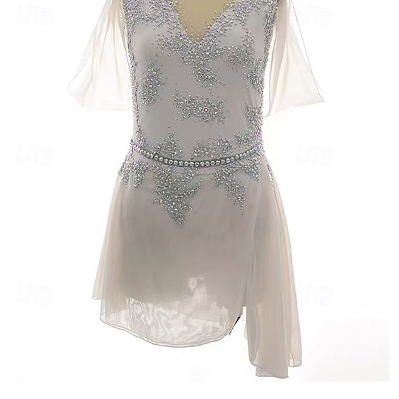 Figure Skating Dress Women's Girls' Ice Skating Dress White Patchwork Open Back Mesh Spandex Stretchy Training Practice Professional Skating Wear Thermal Warm Crystal / Rhinestone Short Sleeve Ice4