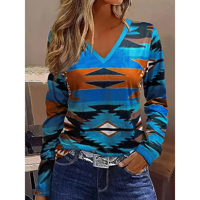 Women's T Shirt Graphic Geometric Tribal Vintage Stylish Casual Long Sleeve V Neck Regular Tops Daily Print Navy Blue Summer Spring Fall - Main Image