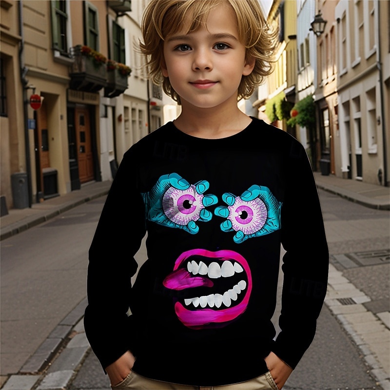 Boys' Cartoon Funny Smile Face T shirt Tee Long Sleeve 3D Print Fall Winter Fashion Basic Kids 4-12 Years Crew Neck Outdoor Casual Daily Regular Fit