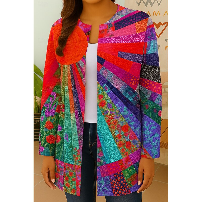 Women's Blazer Windproof Warm Patchwork Pocket Color Block Open Front Modern Boho Vintage Geometric Casual Daily Casual Daily Short Crewneck Regular Fit Long Sleeve Outerwear Yellow Red Orange Fall2