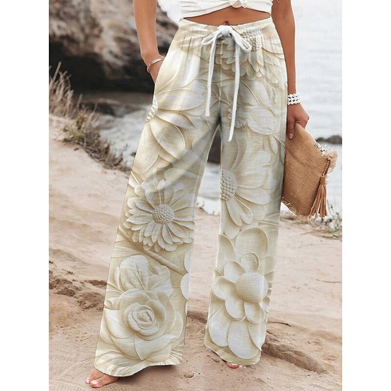 Women's Wide Leg Pants Trousers Vacation Casual Long High Waist Floral Elastic Waist Printing High Cut Breathability Soft Micro-elastic Vacation Street Daily Wear Blue Purple Khaki Gray Spring Fall