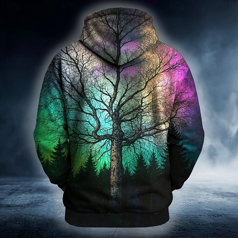 Men's Tree Optical Illusion Sweatshirt Ethnic Cowboy Crew Neck Streetwear Black Drawstring Fall Winter Designer2