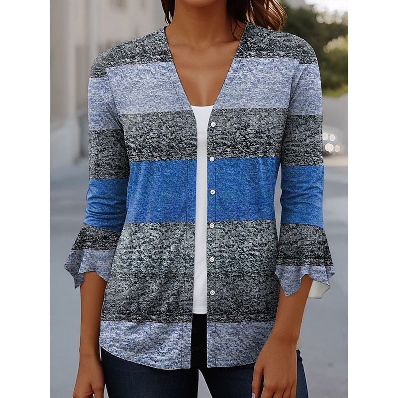 Women's T Shirt Graphic Geometric Elegant Vintage Stylish 3/4 Length Sleeve V Neck Regular Tops Daily Going out Ruffle Buttons Blue Purple Brown Green Summer Spring Fall2