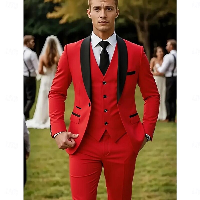 Men's Wedding Casual Party Suits Shawl Lapel Red Formal Solid Colored Slim Fit 3 Piece Single Breasted One-button